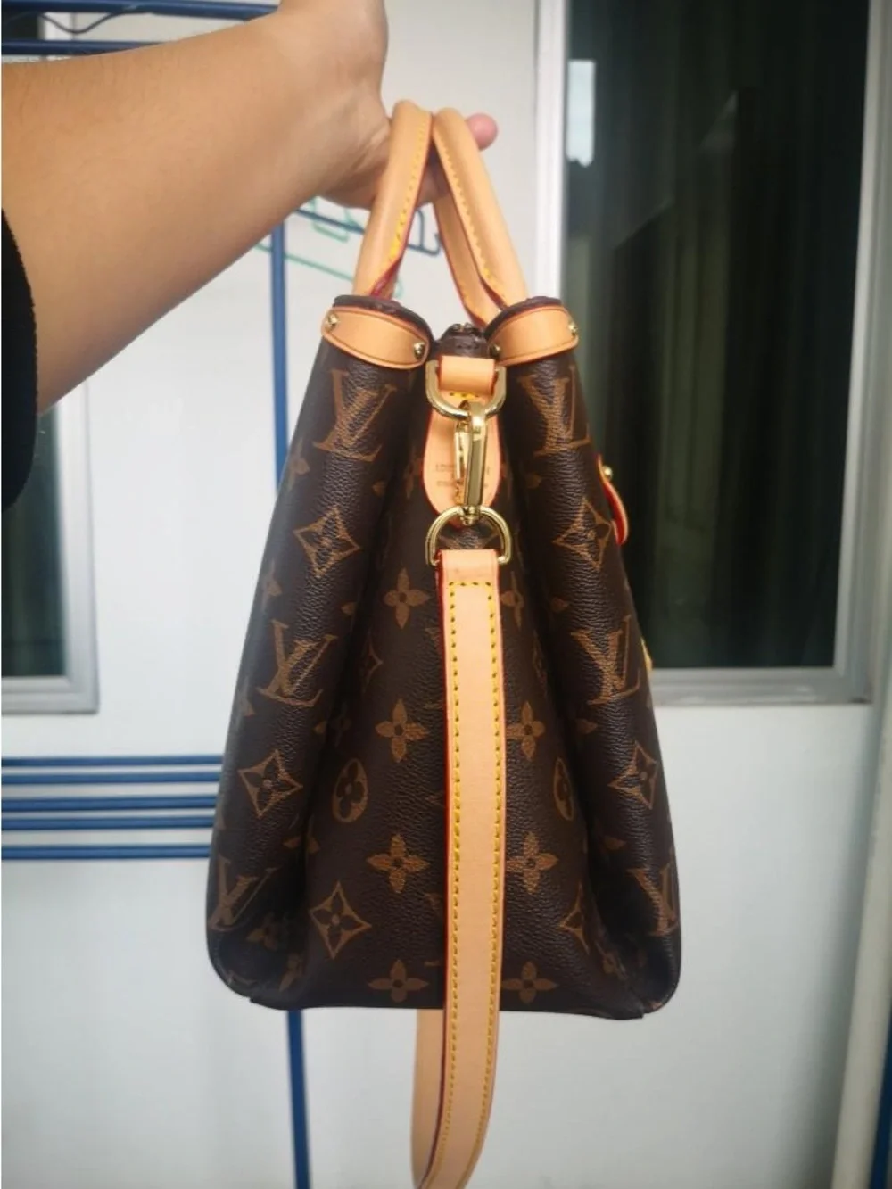 Louis Vuitton Brown Monogram Leather-Trim Satchel with Beige Handles